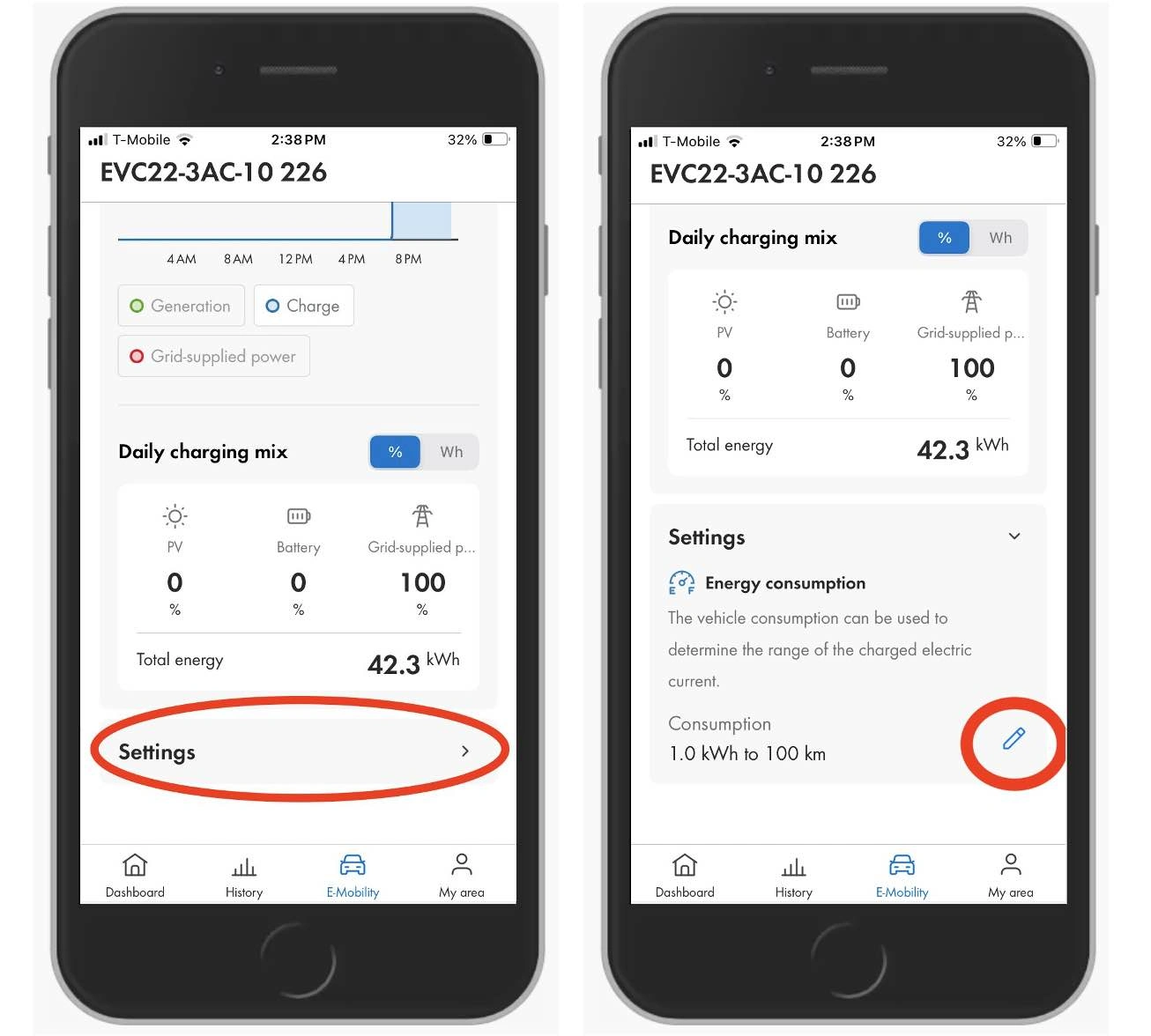 Settings on the e-mobility section of the SMA Energy app