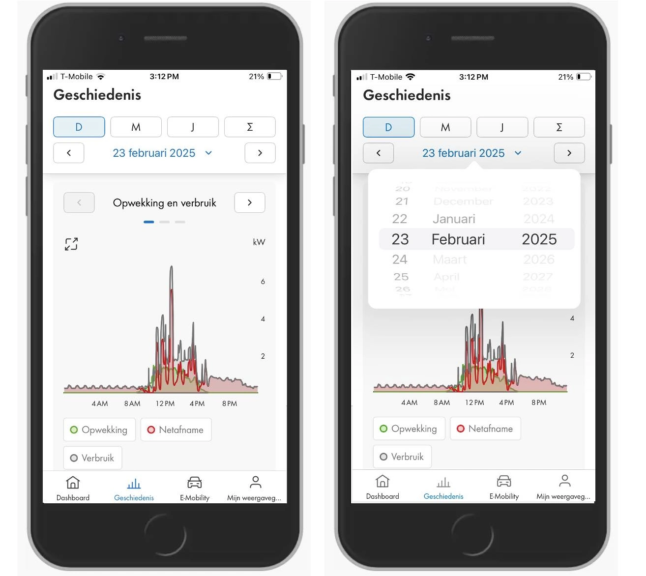 De optie 'geschiedenis' op de SMA Energy app