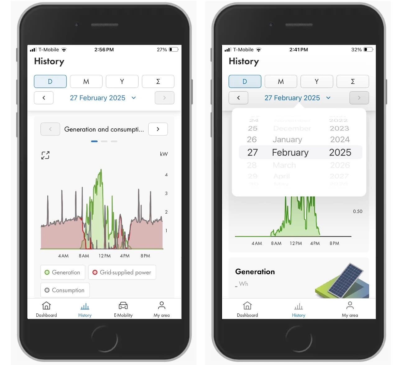 The 'History' pages on the SMA Energy app