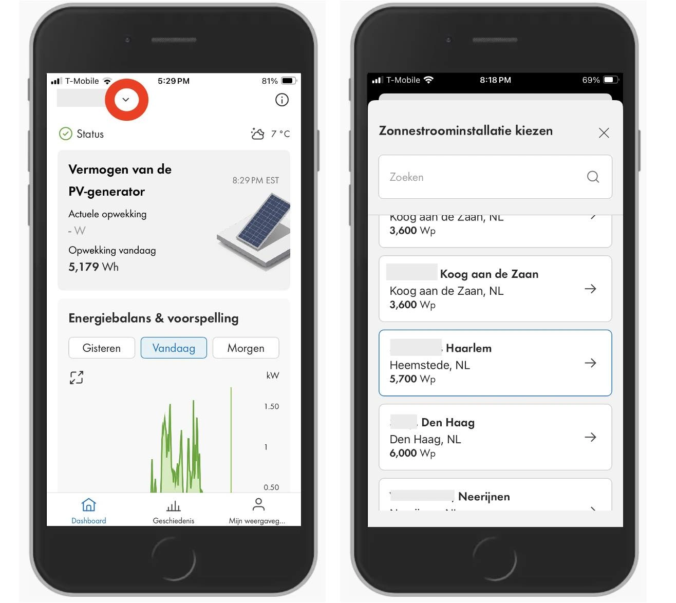 Switchen naar andere installaties op de SMA Energy app