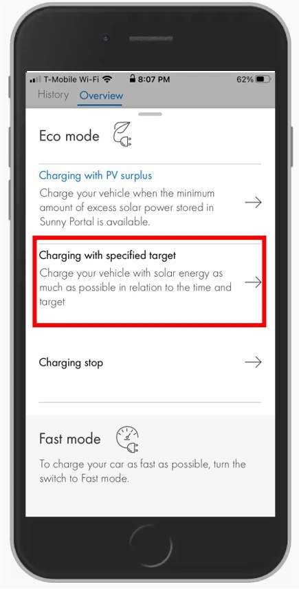 Enter time and charging target in the SMA Energy app