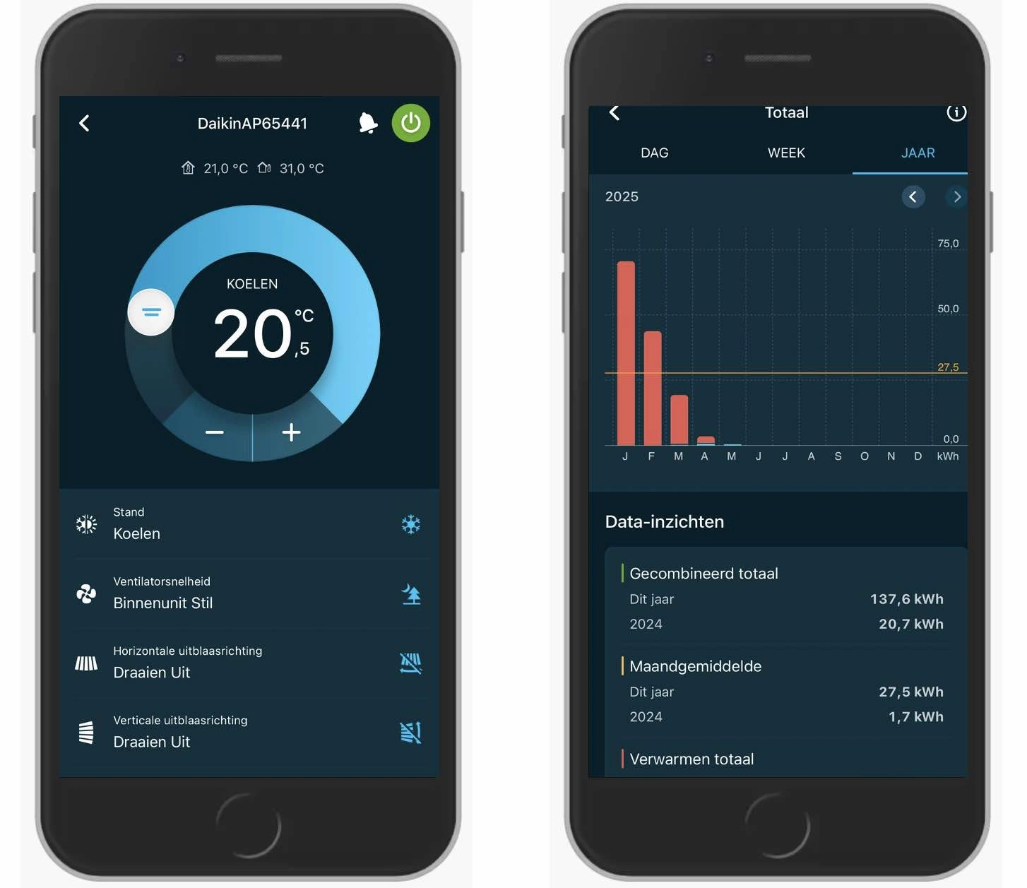 Screenhots van de Onecta app van Daikin