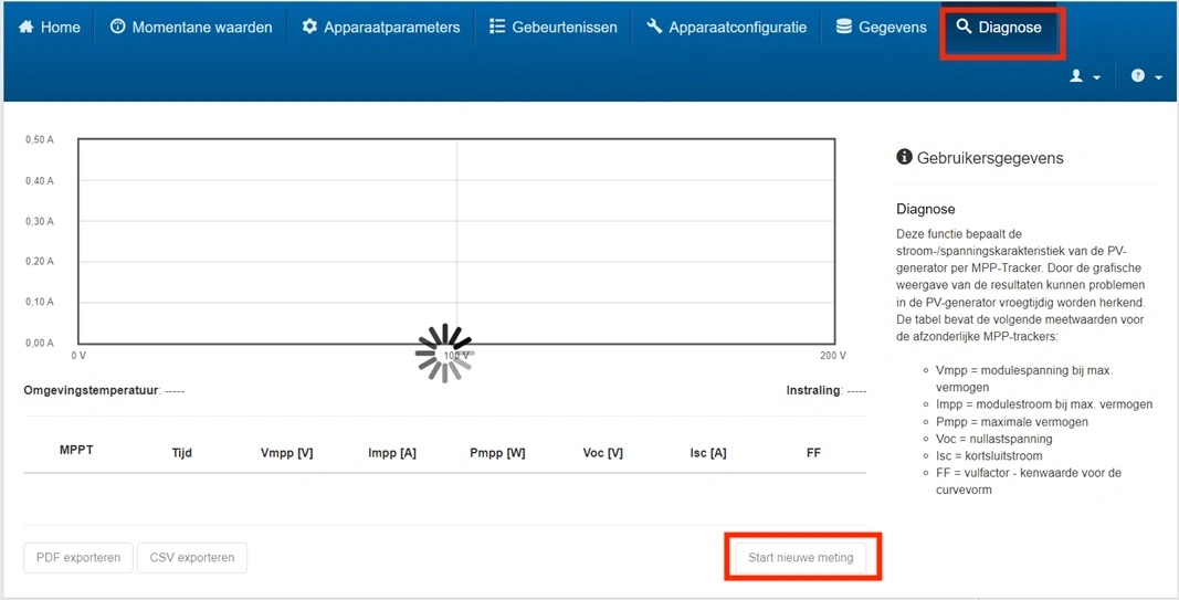 Klik op 'diagnose' rechtsboven en vervolgens op 'start nieuwe meting'