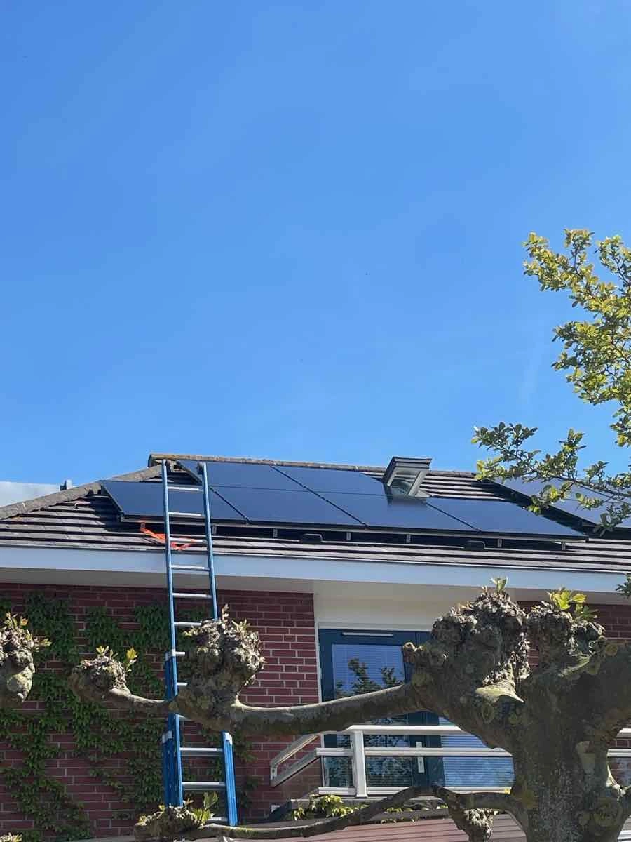 Zonnepanelen onder een blauwe lucht in april 2025