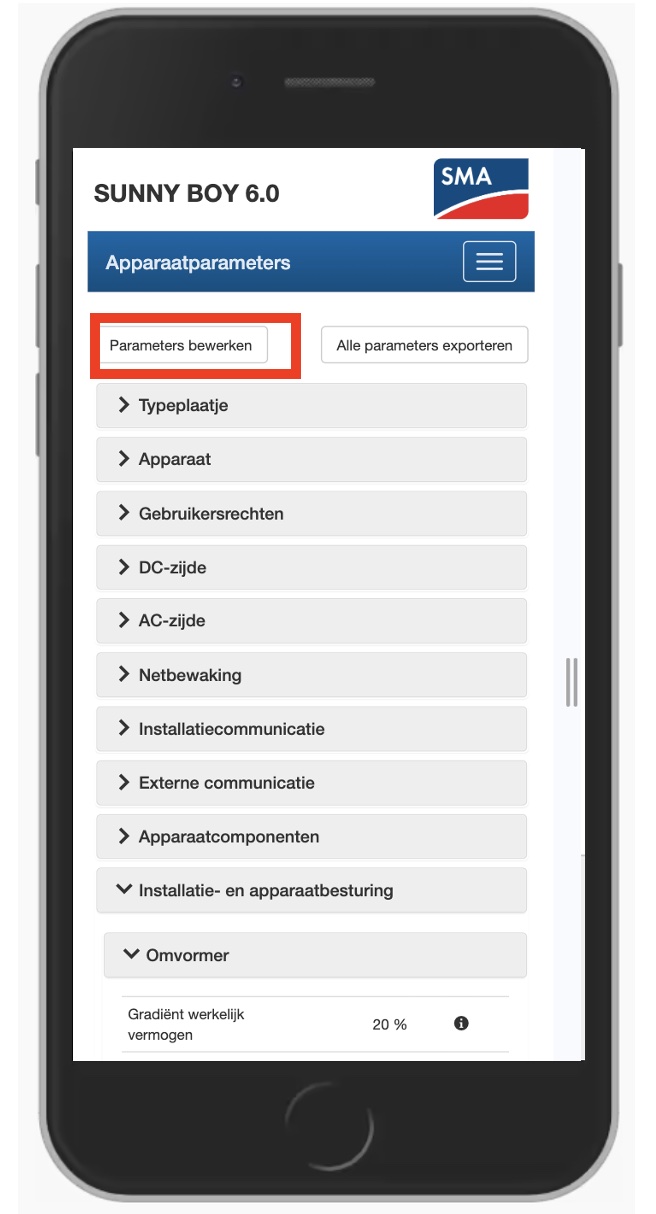 Klik op parameters bewerken