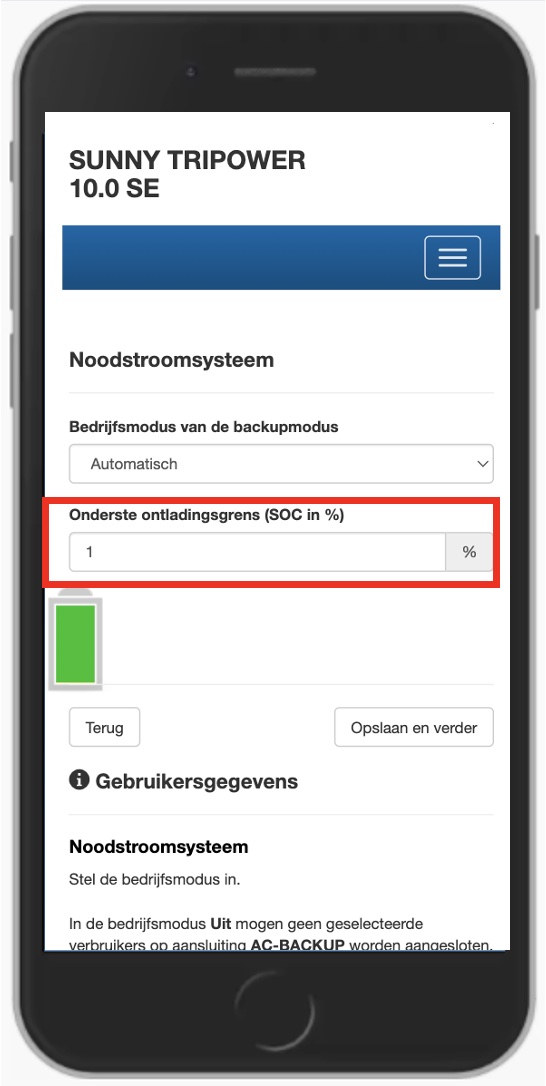 noodstroom reserve instellen