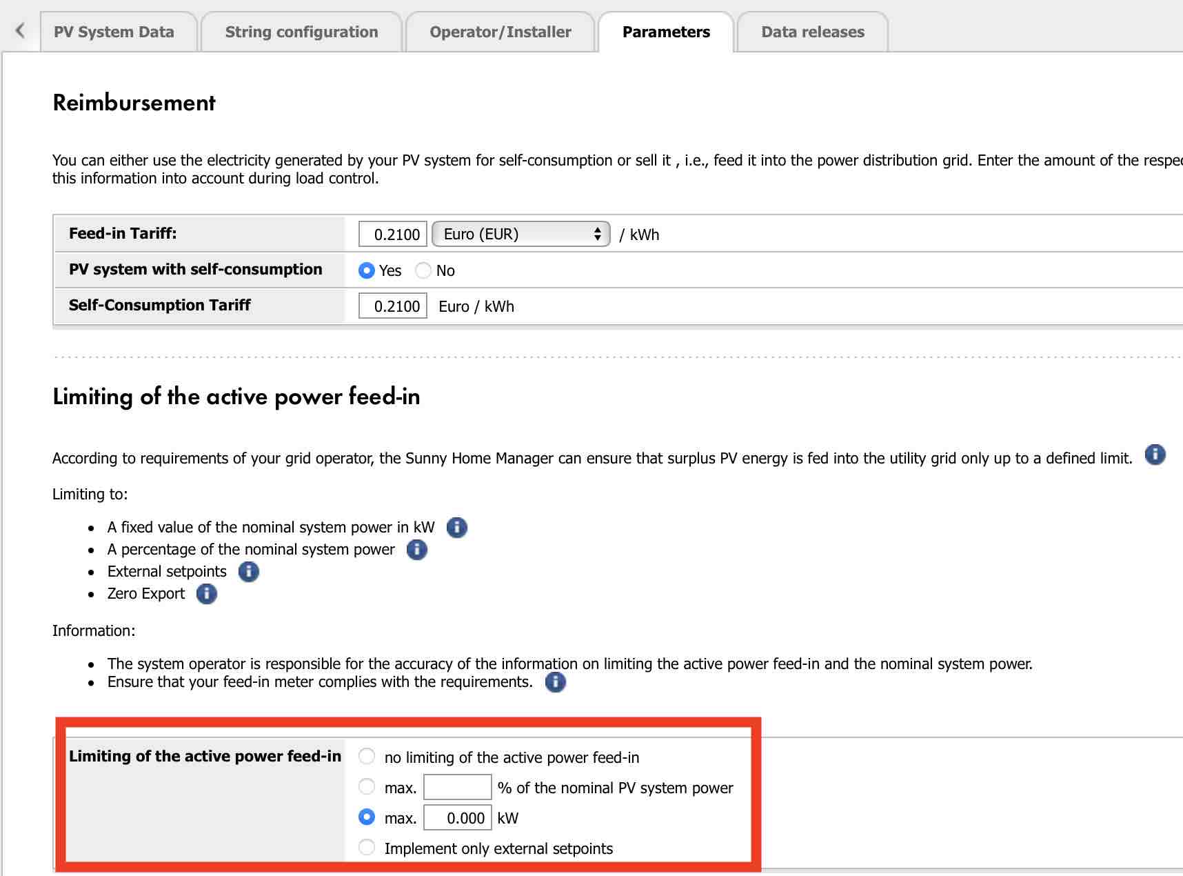 how to set SMA system to zero feed-in