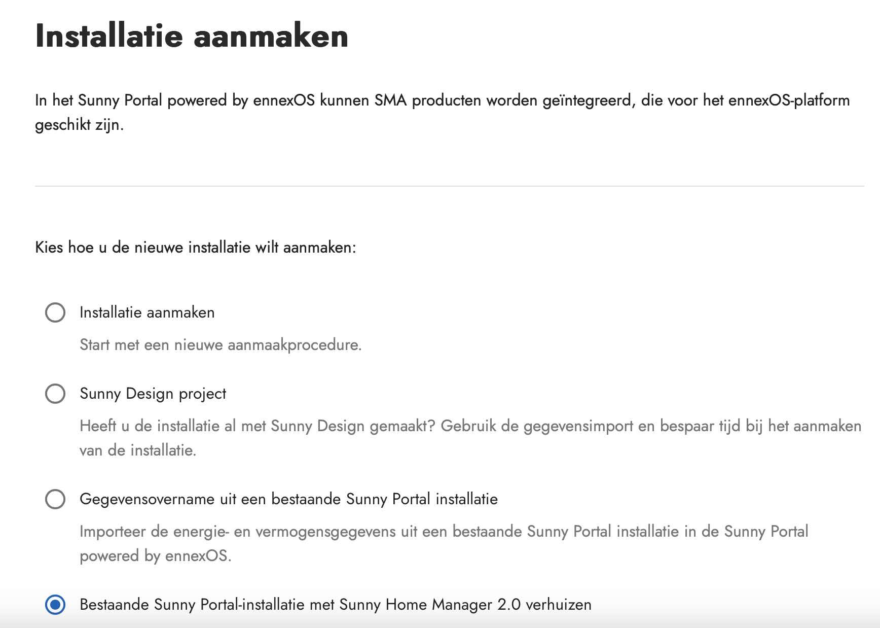 klik op bestaande installatie met SHM verhuizen
