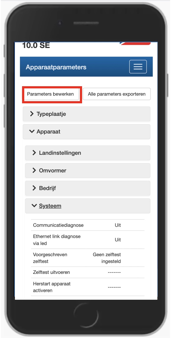 klik op parameters bewerken