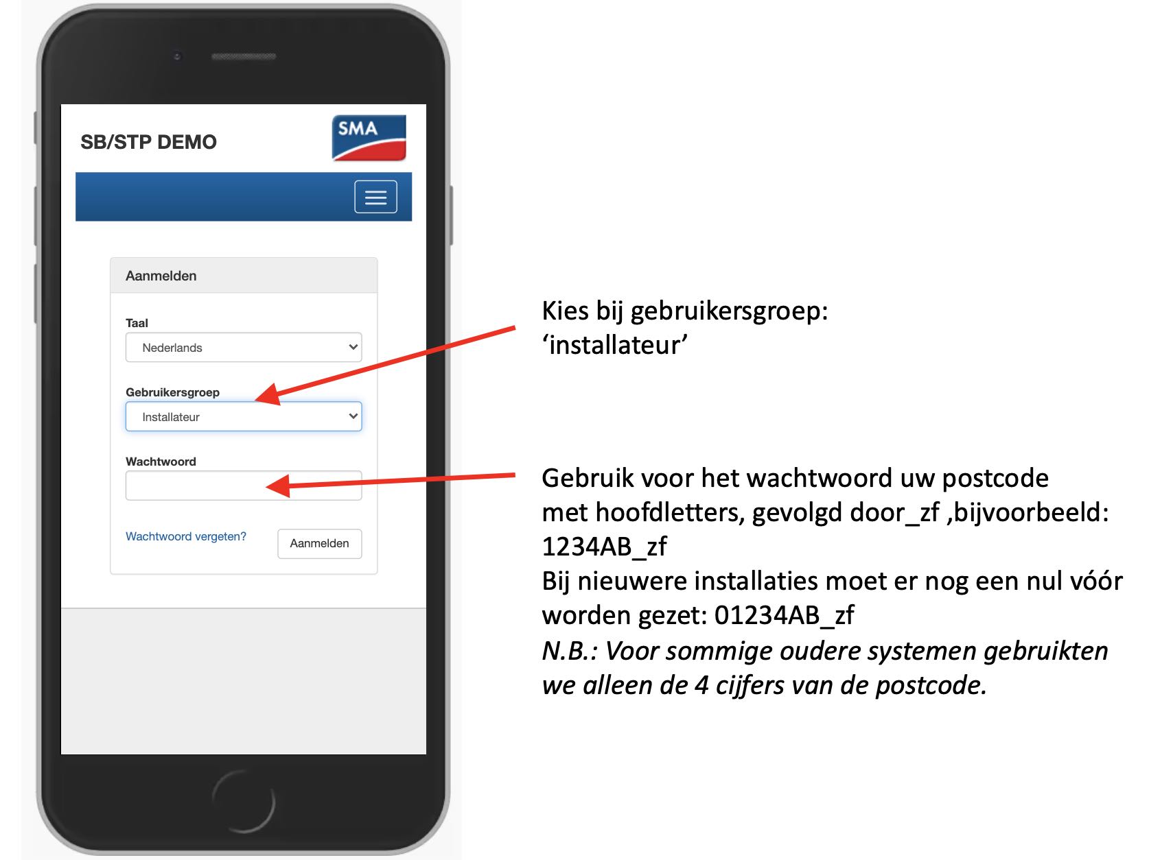 Inloggen met installateurswachtwoord